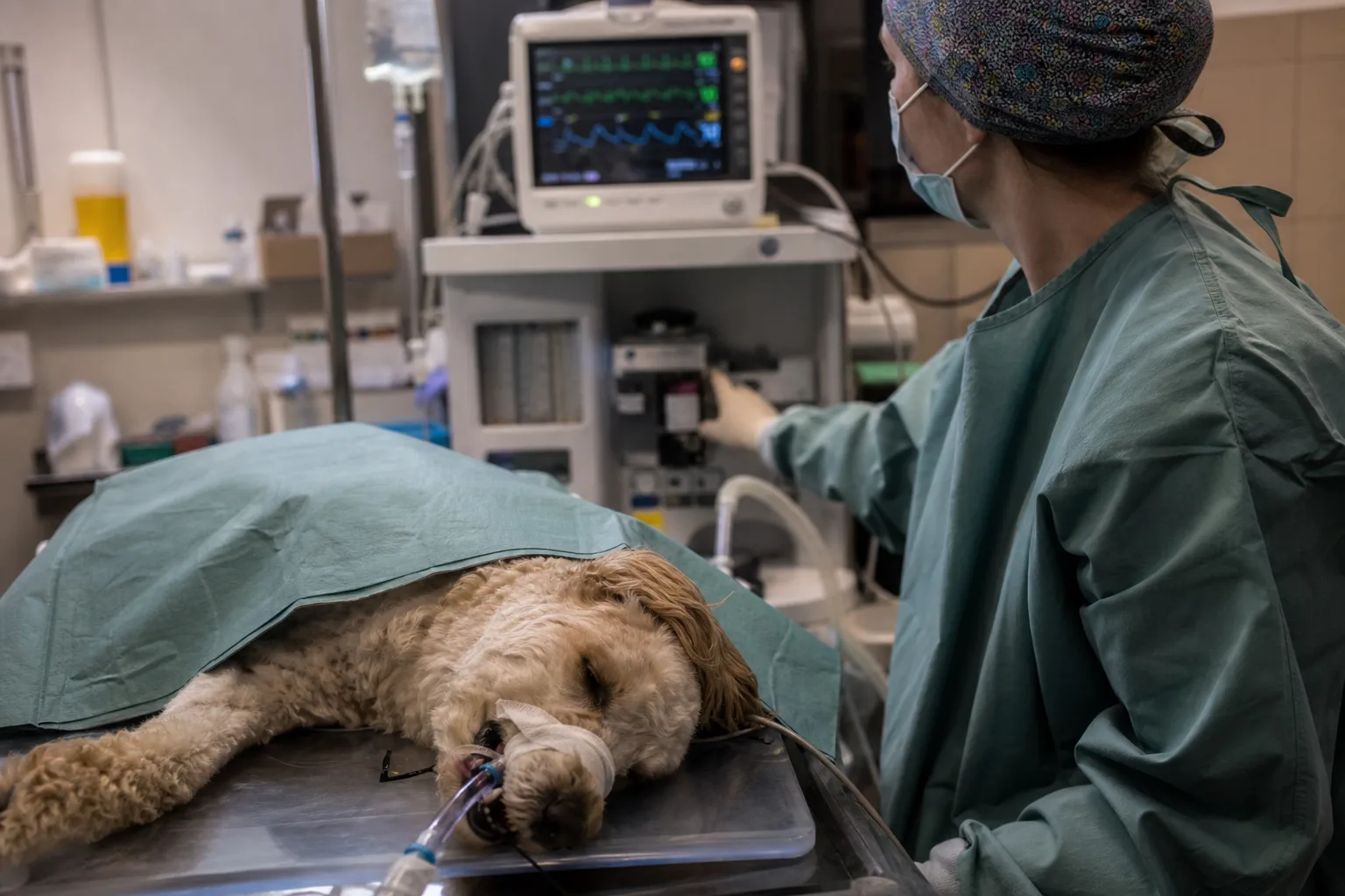 Un chien anesthésié sur une table d’opération vétérinaire, moniteur de surveillance allumé