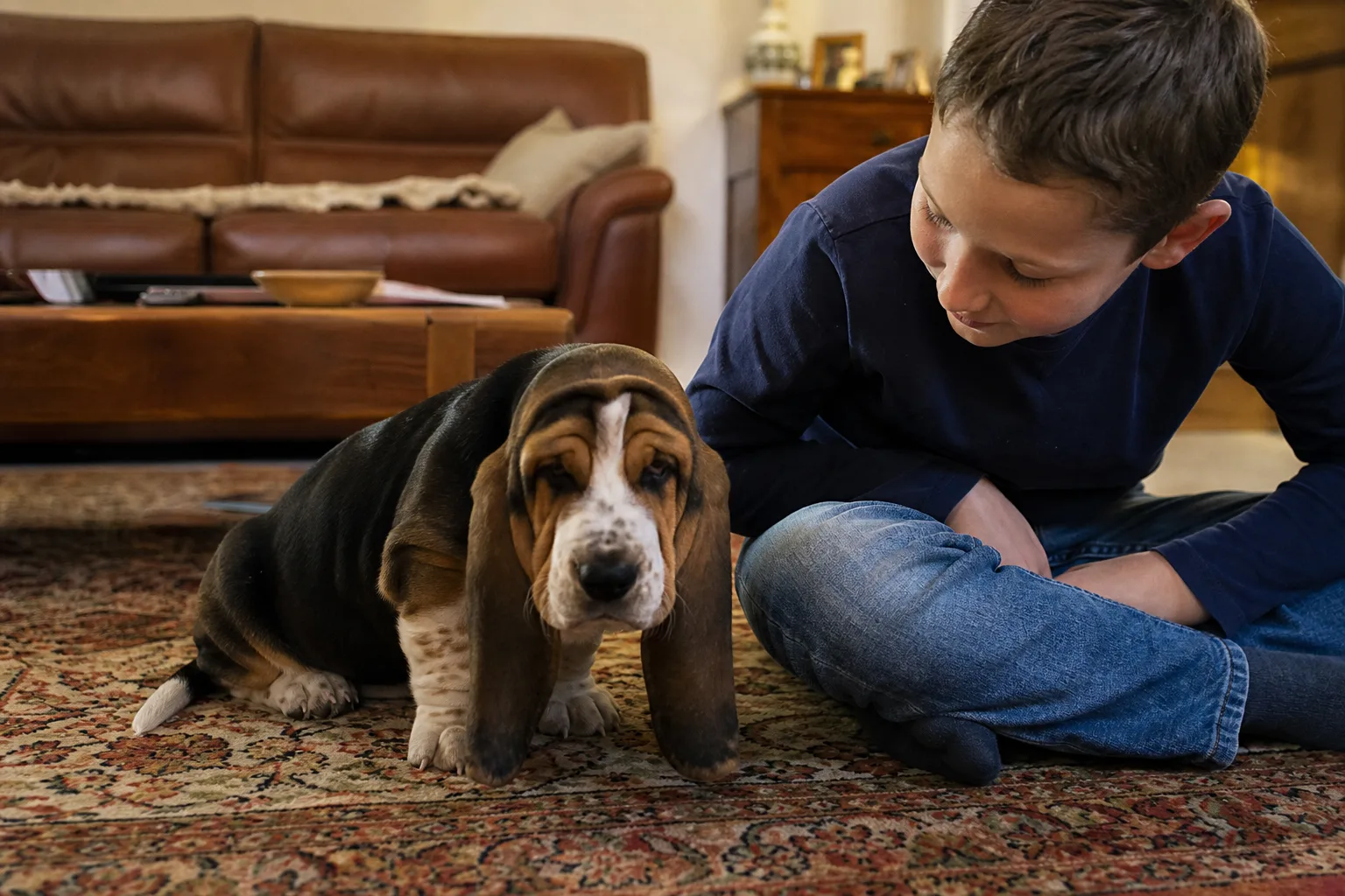 Un chiot basset hound de trois mois sur un tapis de salon, oreilles très longues tombant au sol