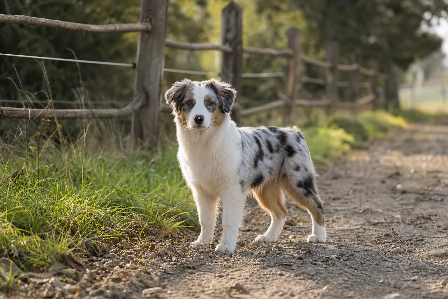 Un chiot berger australien bleu merle de cinq mois debout sur un chemin de campagne