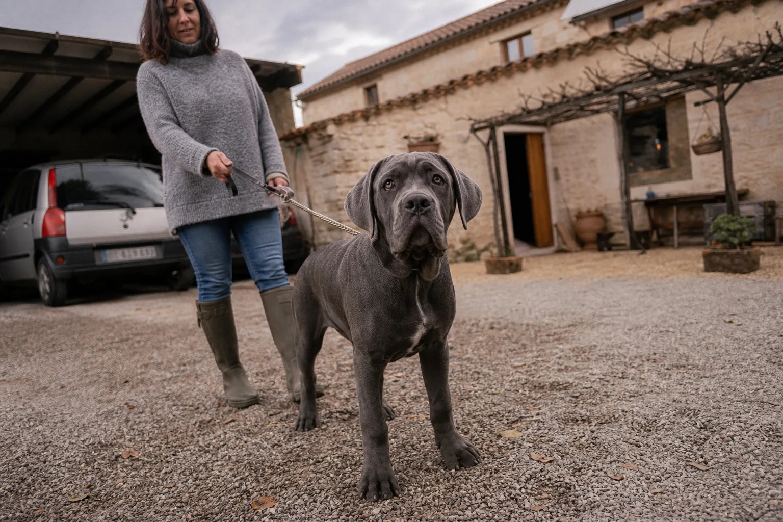 Un chiot cane corso gris de quatre mois debout dans une cour en gravier, tenu en laisse