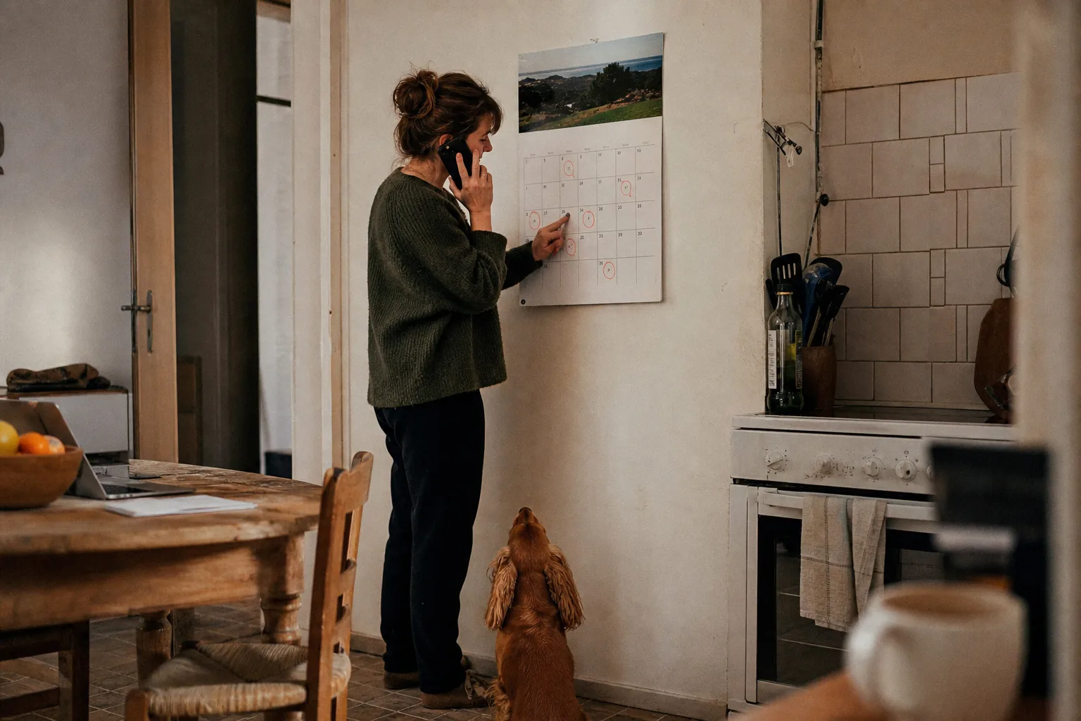 Un calendrier mural annoté au feutre dans une cuisine, un chiot cocker assis au pied