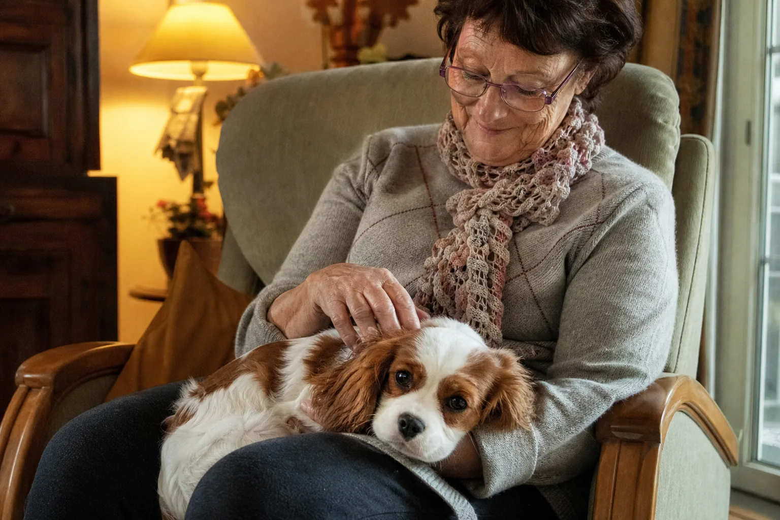 Un chiot cavalier king charles de quatre mois blotti sur les genoux d’une femme âgée