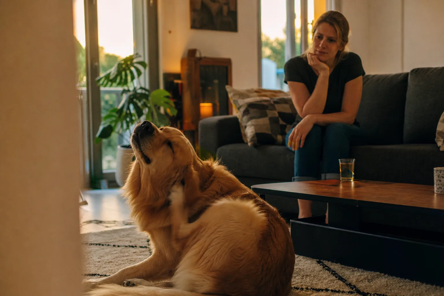 Un jeune chien se gratte le flanc, la peau rougie visible sous le poil
