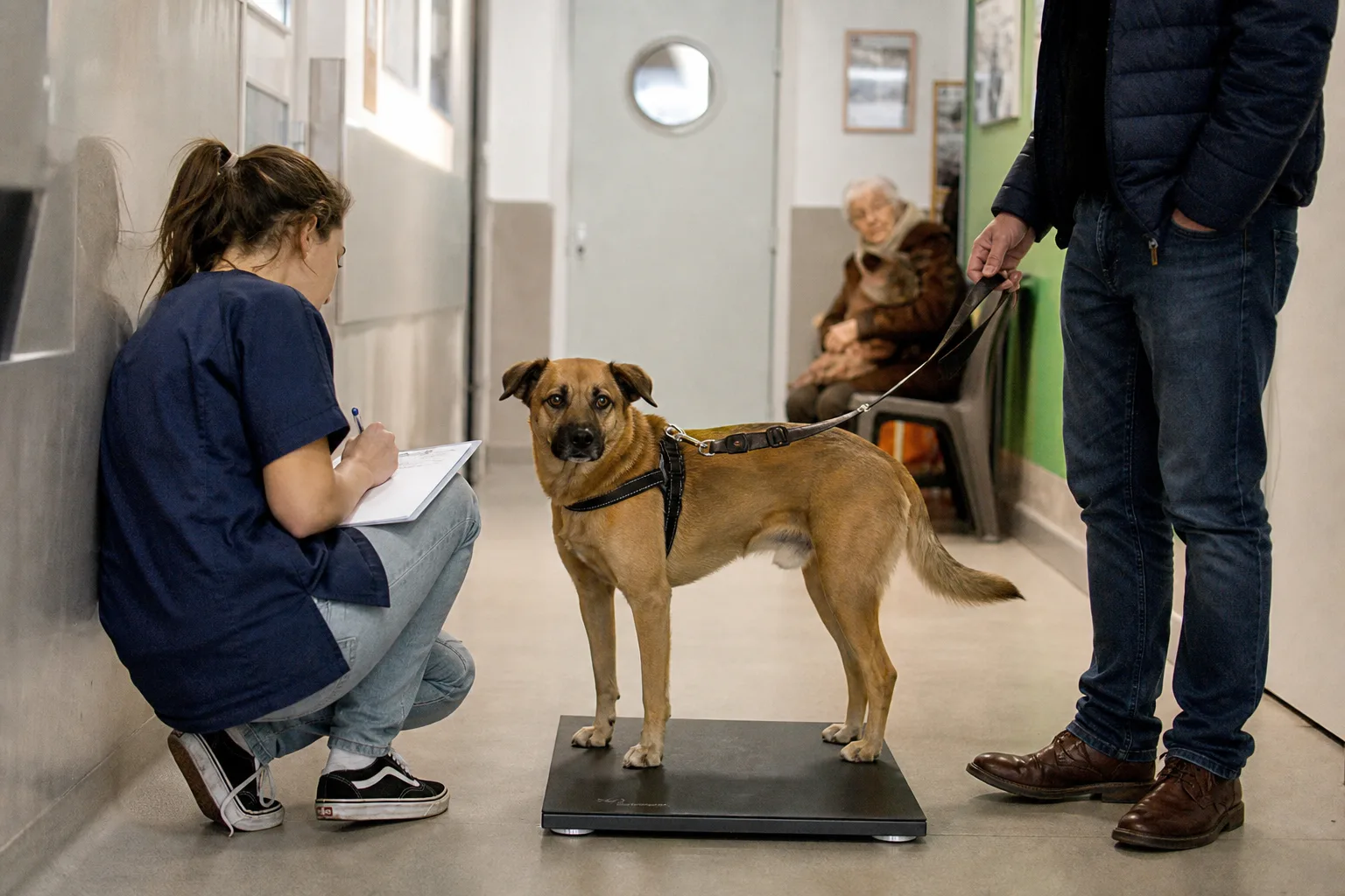 Un chien debout sur une balance dans une salle d’attente de clinique vétérinaire