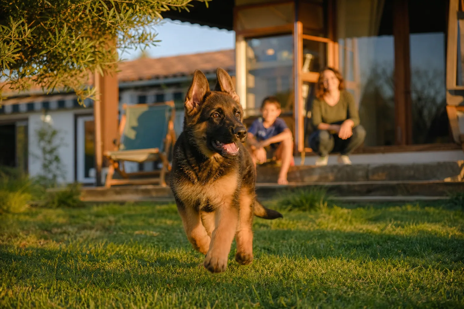 Un chiot berger allemand de cinq mois court sur la pelouse d’un jardin familial
