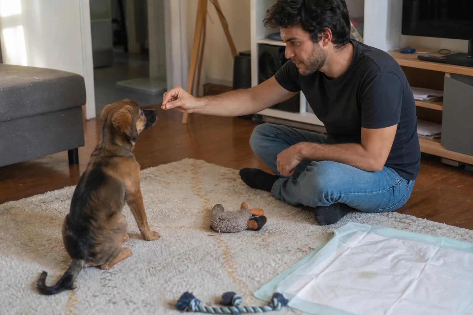 Un homme apprend un ordre à son chiot croisé dans son salon, friandise à la main