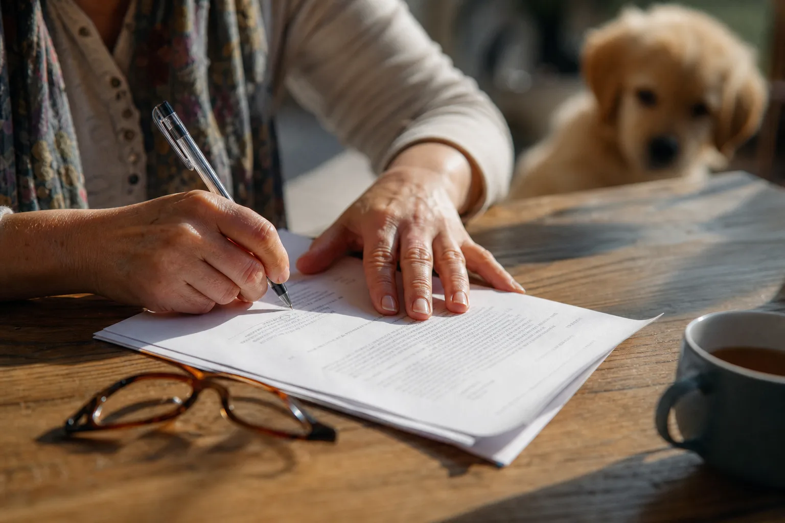 Les mains d’une femme annotent au stylo un contrat d’assurance imprimé sur une table en bois