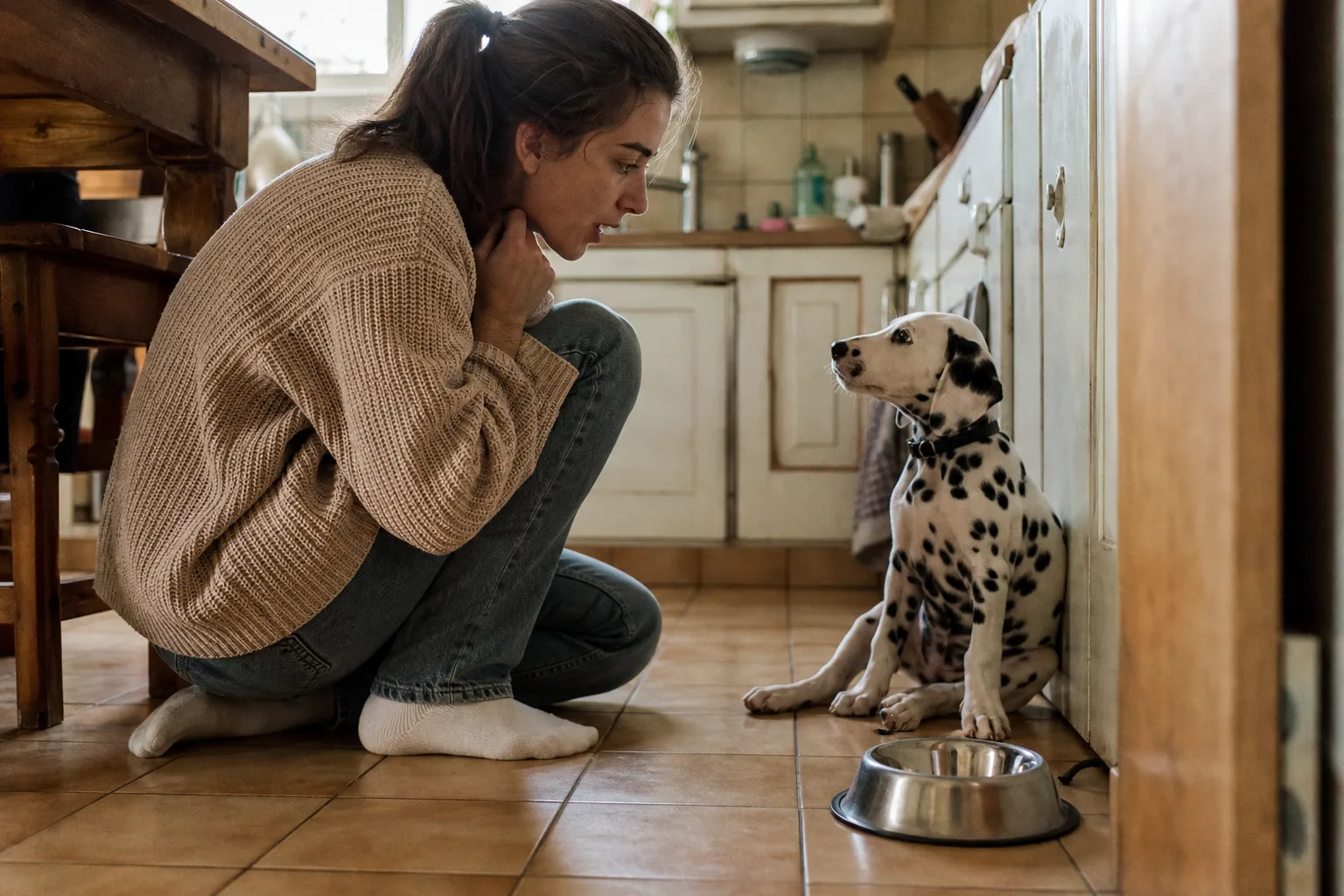 Un chiot dalmatien de trois mois sur le carrelage d’une cuisine, sa propriétaire accroupie près de lui