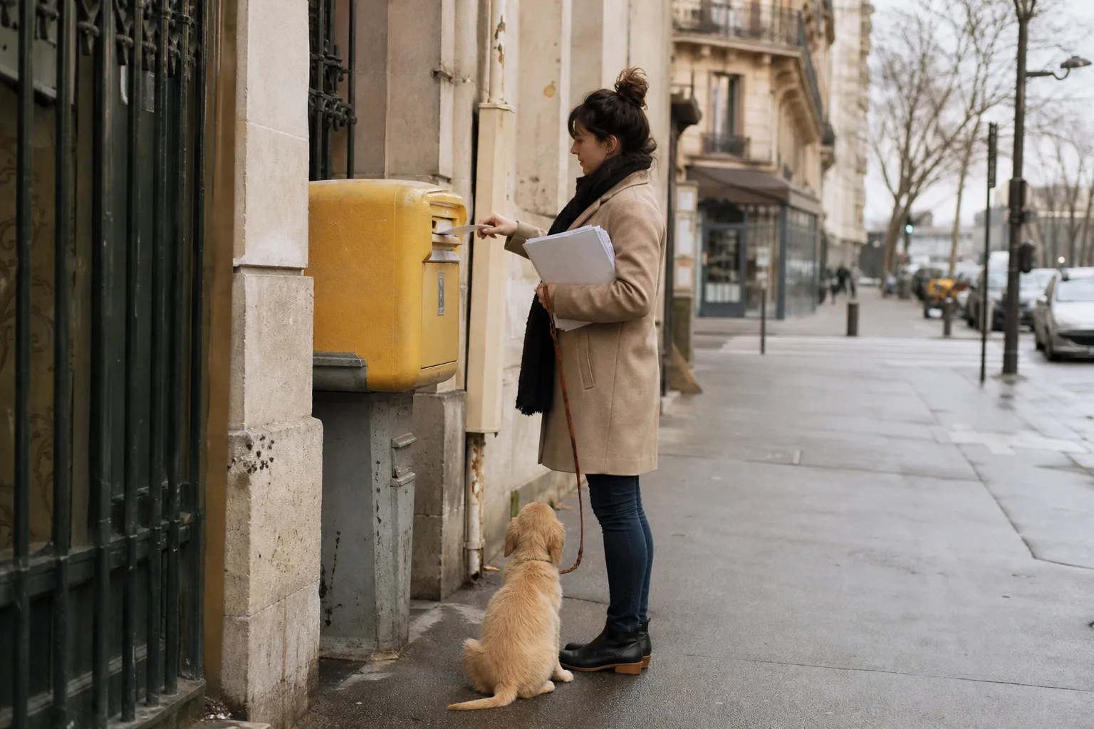 Une femme dépose une enveloppe dans une boîte aux lettres, son chiot en laisse à côté d’elle