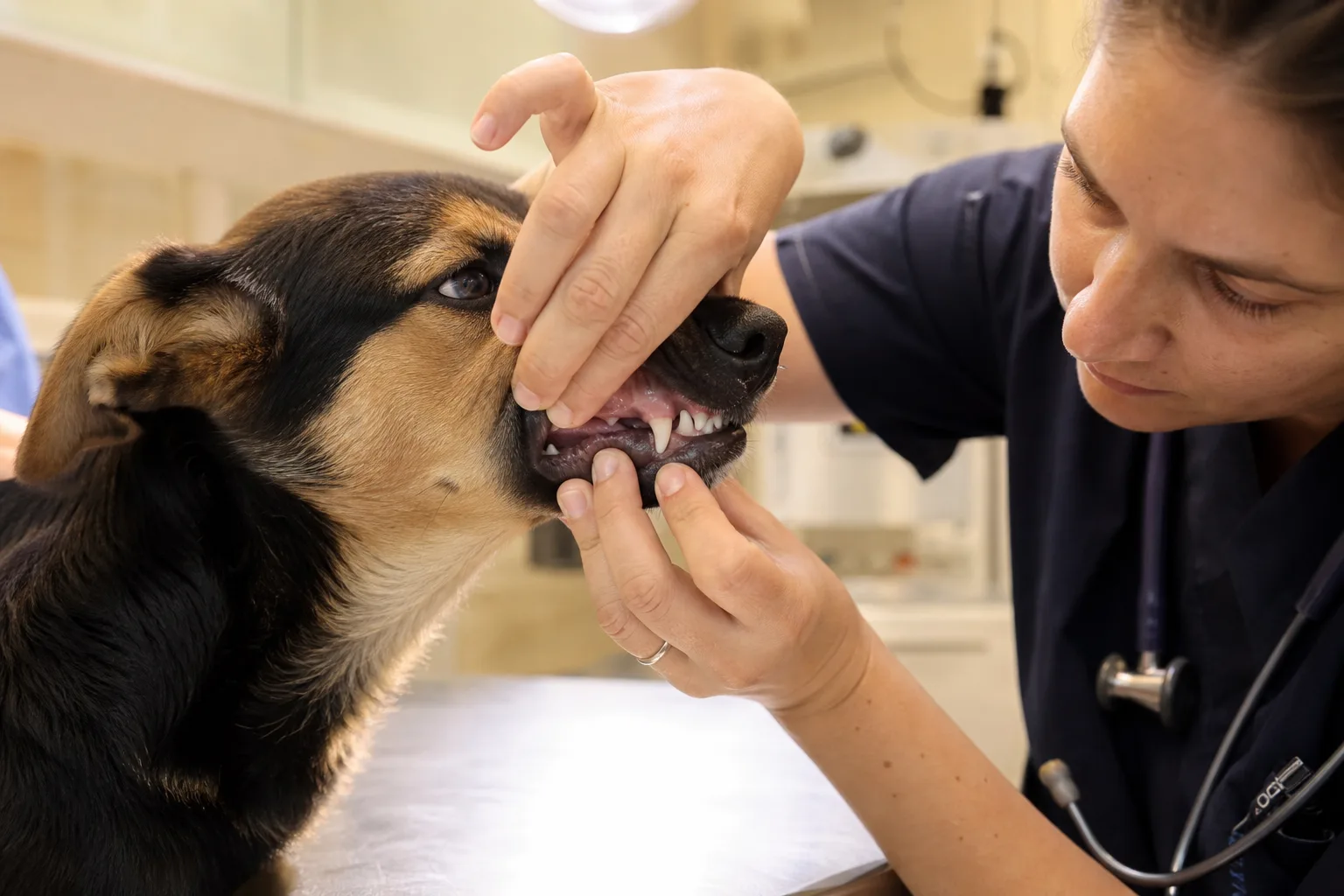 Une vétérinaire soulève la babine d’un jeune chien pour examiner ses dents et ses gencives