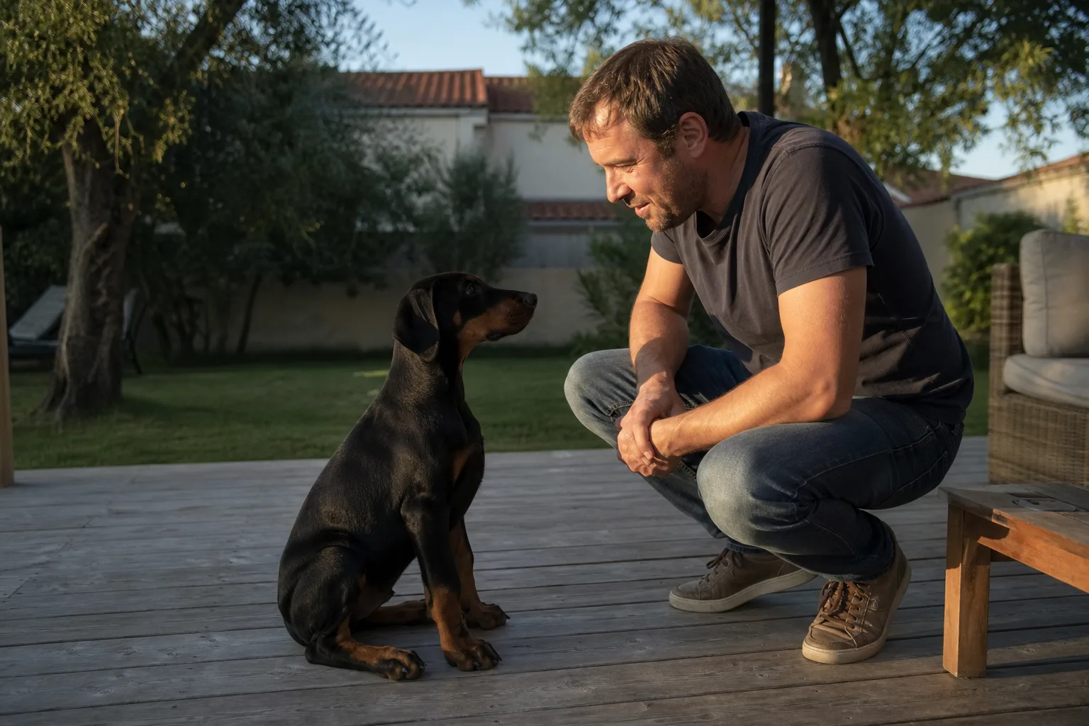 Un chiot dobermann de cinq mois assis sur une terrasse en bois à côté de son propriétaire