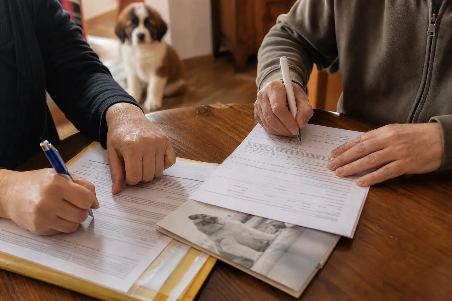 Le certificat de cession et le carnet de santé d’un chiot posés sur une table en bois