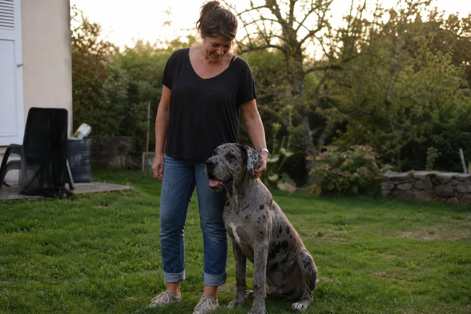 Un chiot dogue allemand de cinq mois debout dans une cour, pattes déjà démesurées