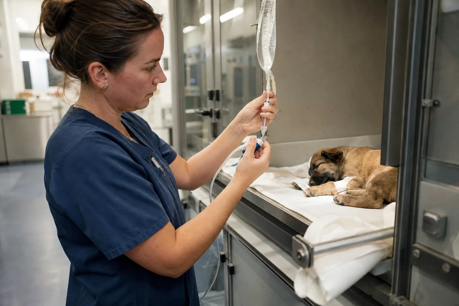 Une assistante vétérinaire prépare une perfusion pour un chiot hospitalisé en cage de soins