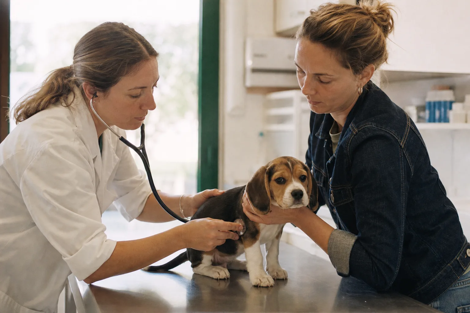 Une vétérinaire ausculté un jeune chiot beagle sur une table d’examen en inox