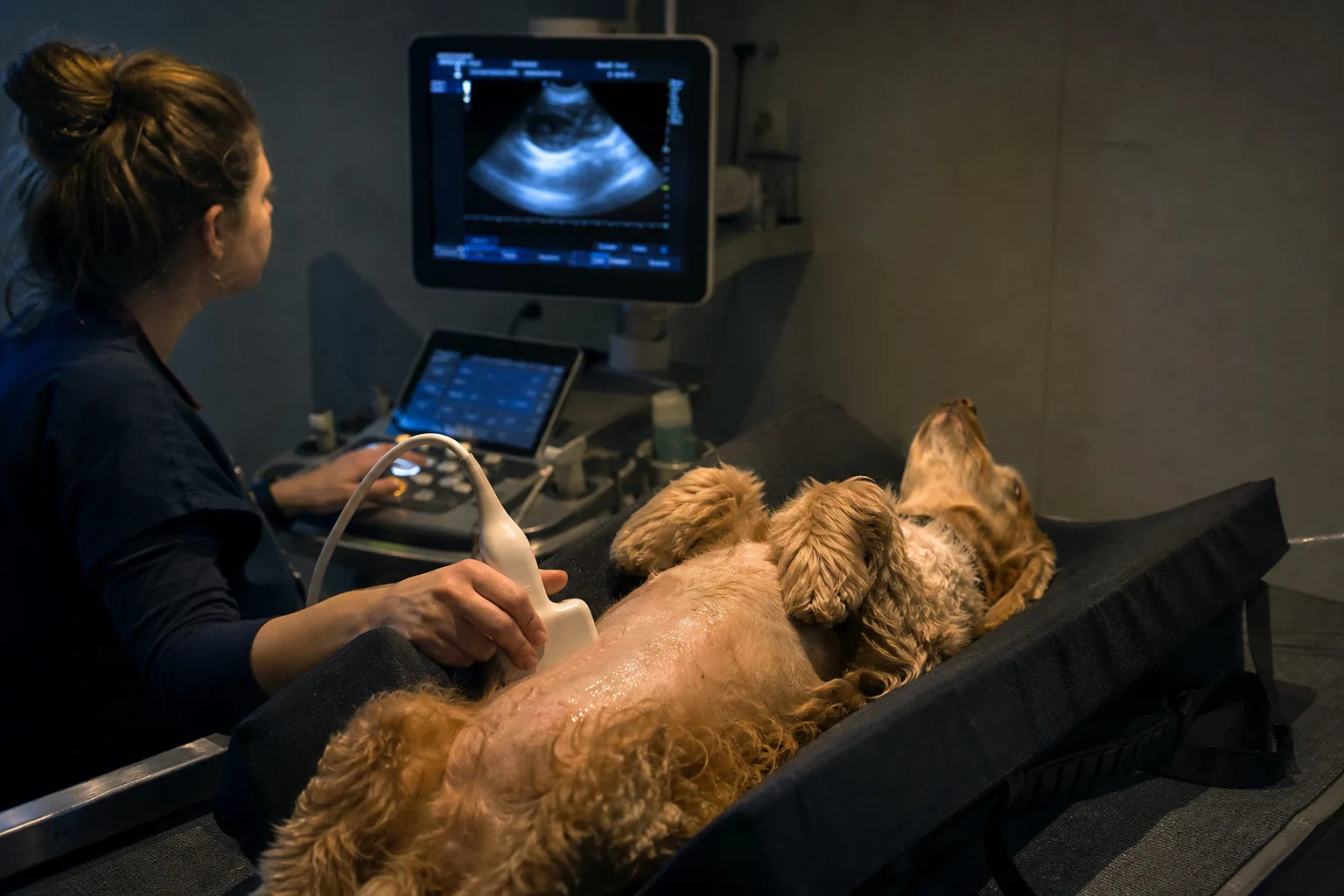 Une vétérinaire réalise une échographie abdominale sur un chien couché dans une gouttière