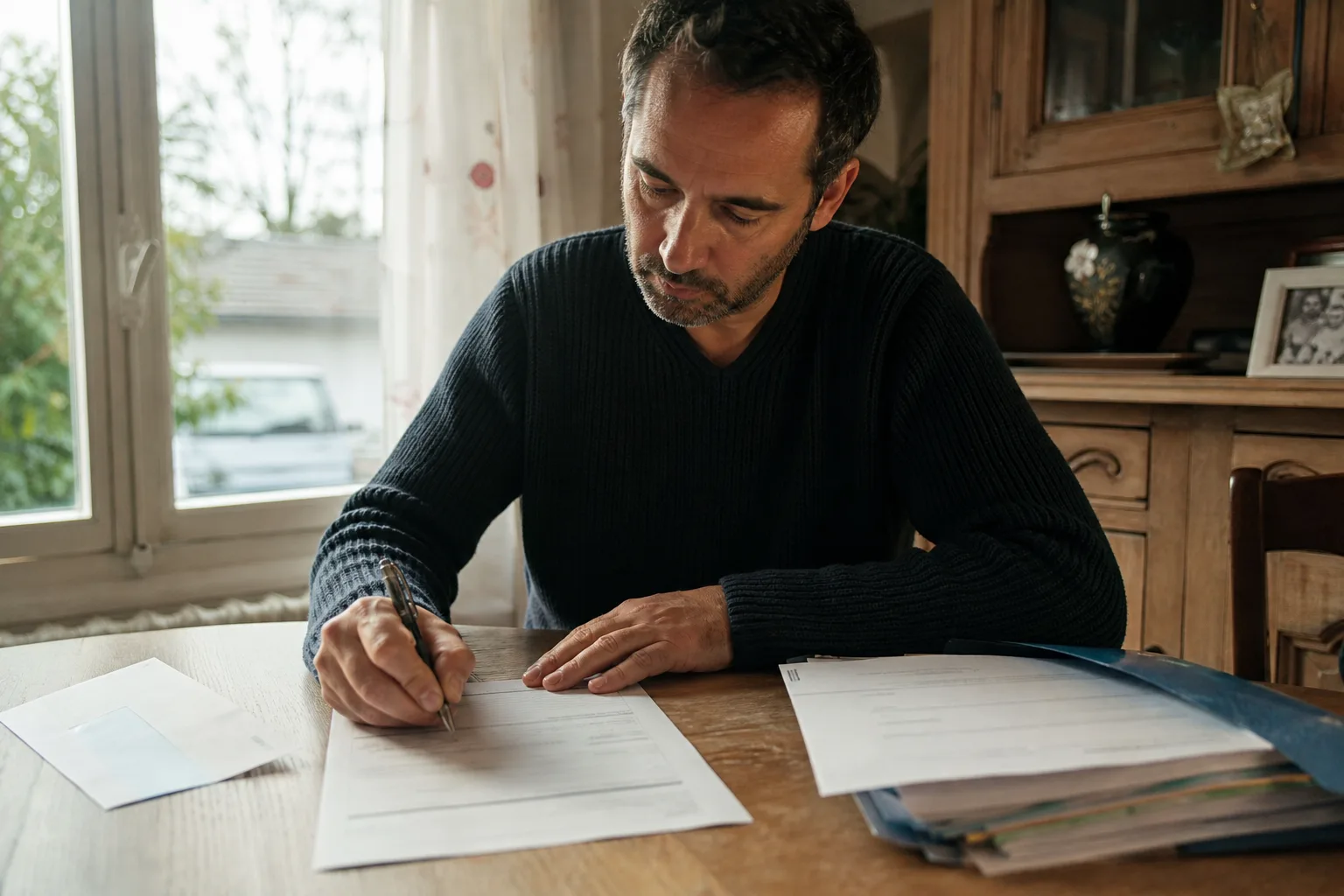 Un homme remplit un formulaire à une table, un accusé de réception de recommandé posé à côté