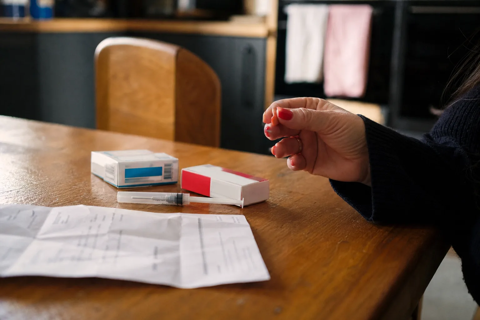 Une ordonnance vétérinaire, deux boîtes de médicaments et une seringue doseuse sur une table