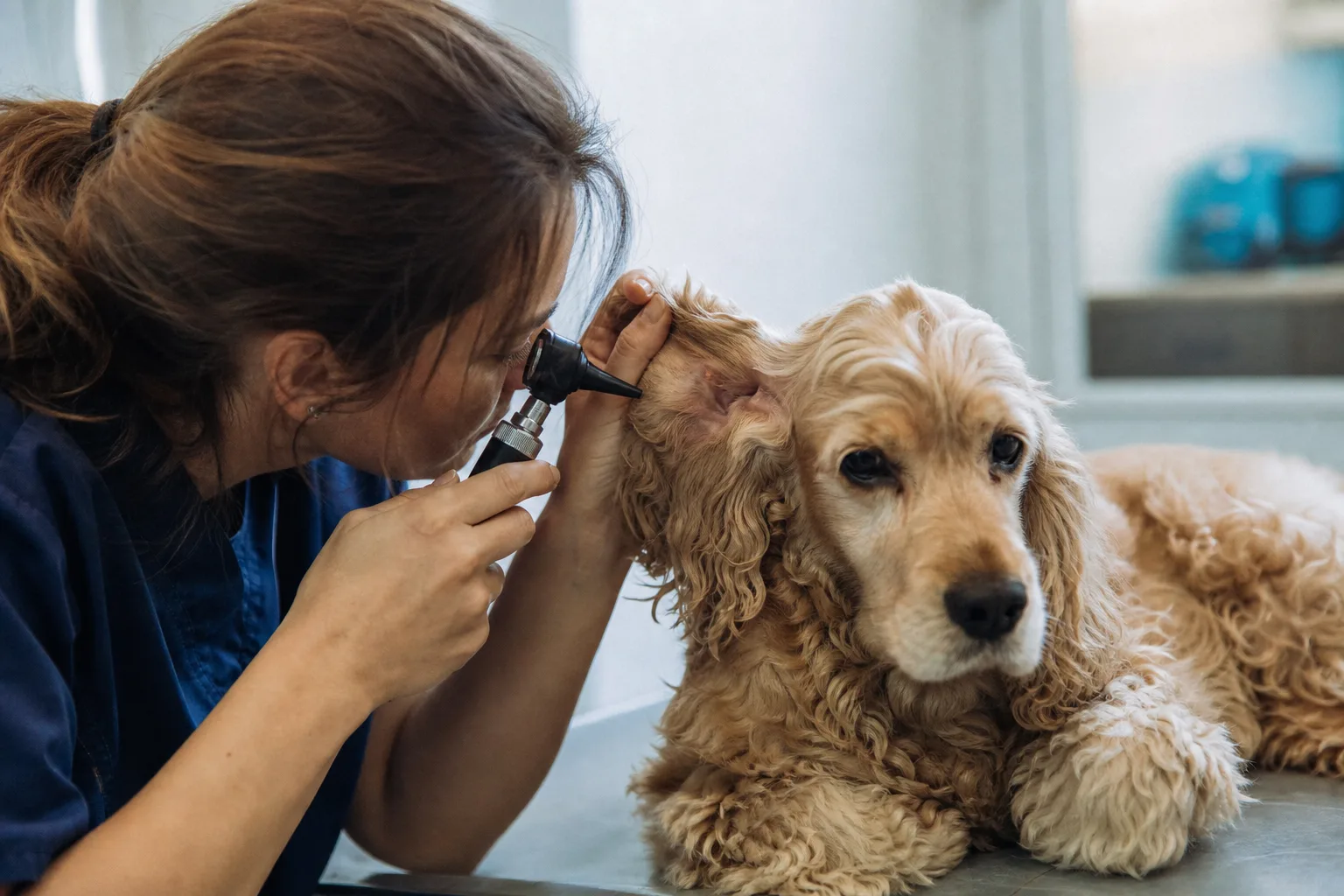 Une vétérinaire examine l’oreille d’un chiot à l’otoscope sur une table d’examen