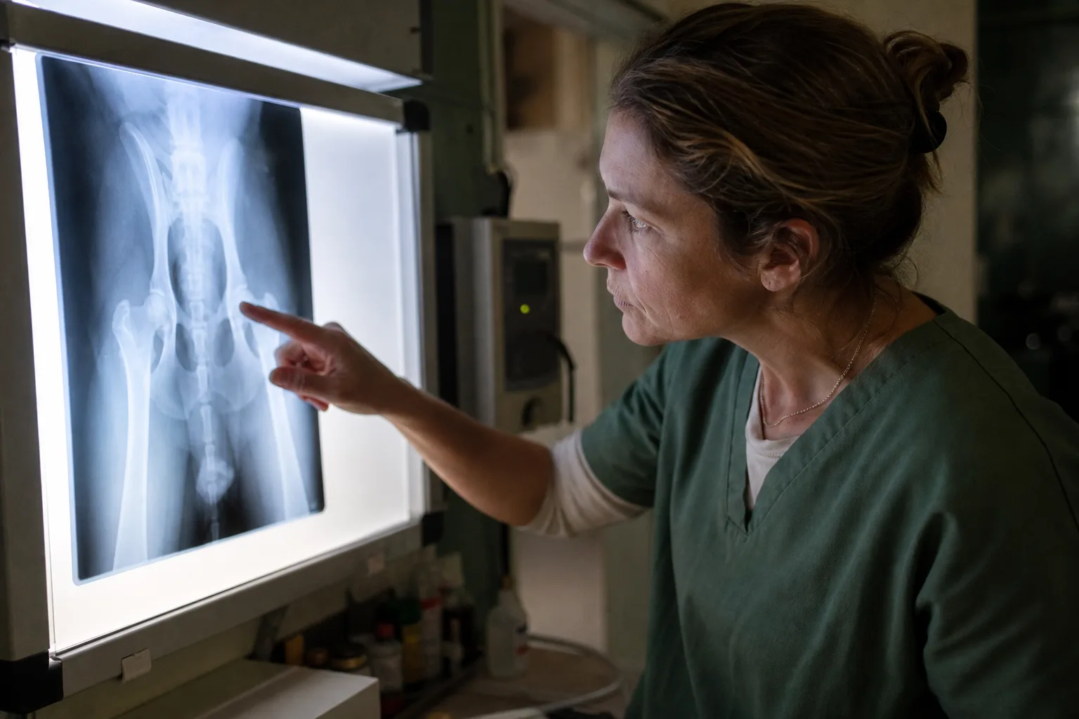 Une radiographie de genou de chien affichée sur l’écran lumineux d’un cabinet vétérinaire