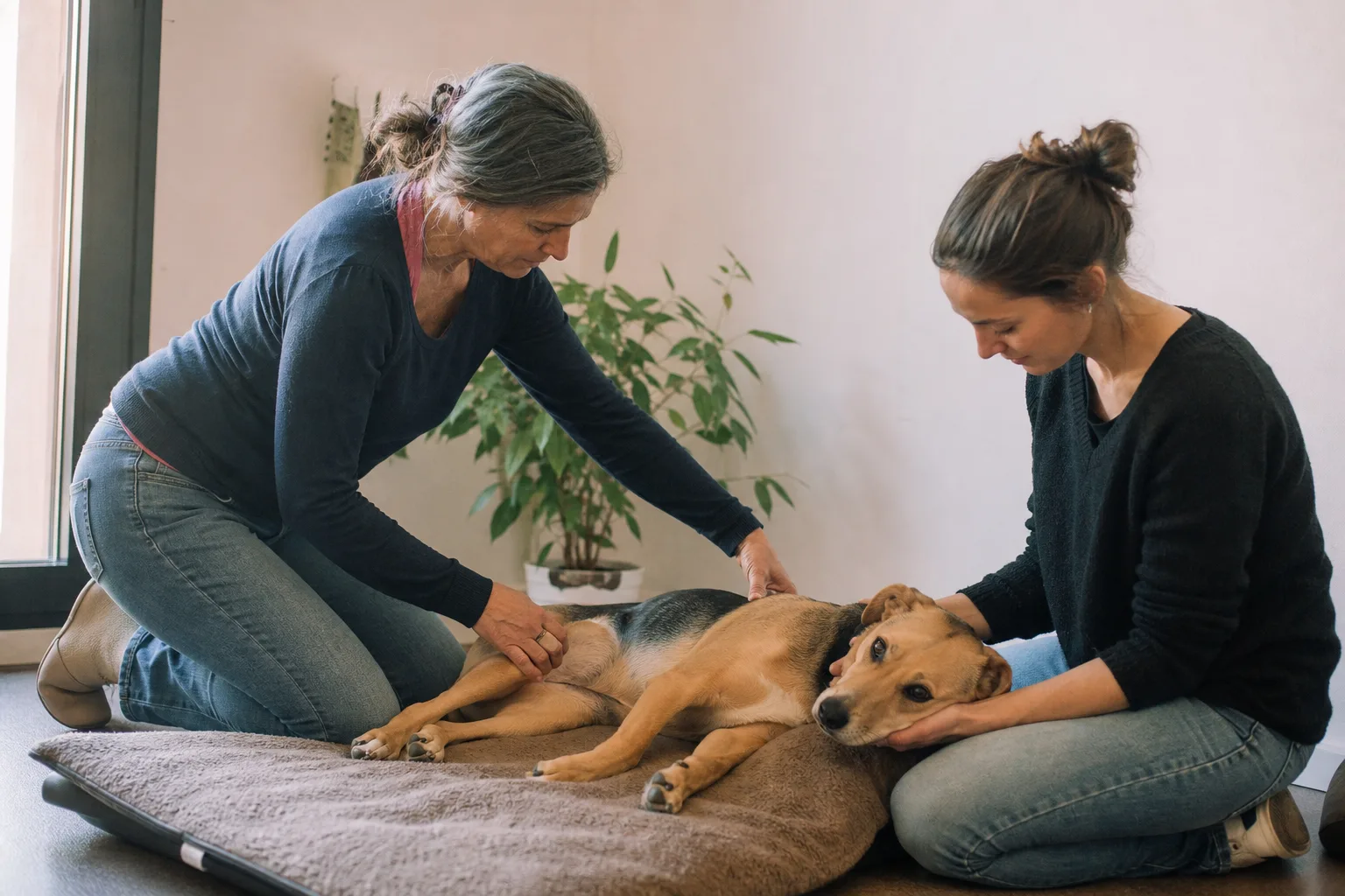 Une ostéopathe animalier manipule le bassin d’un jeune chien allongé sur un tapis