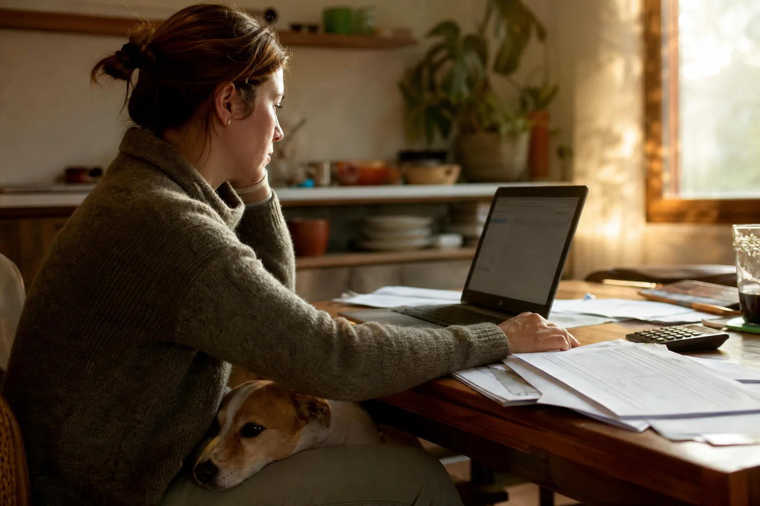 Une femme compare des devis d’assurance sur son ordinateur portable, son chiot posé contre elle
