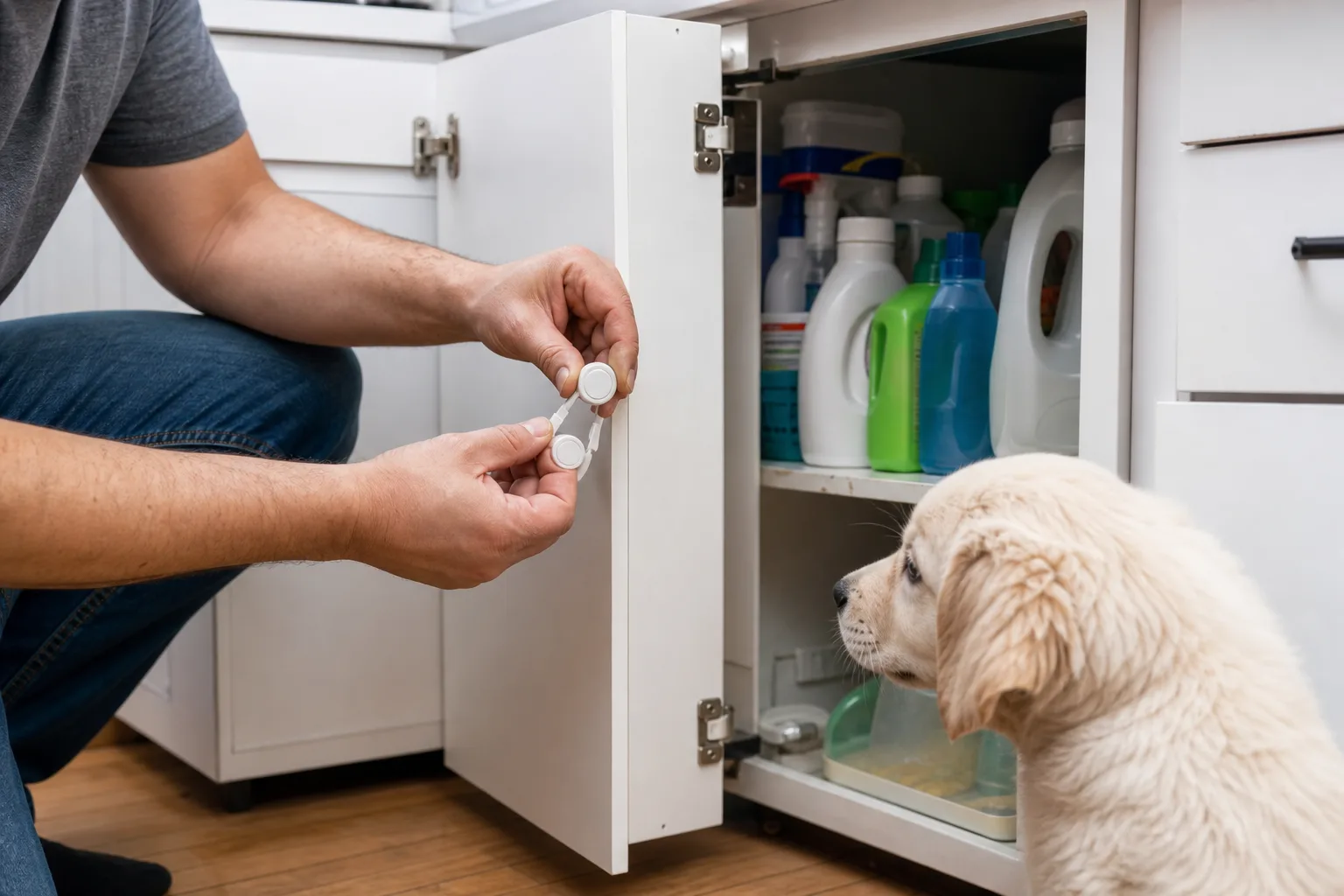 Des produits ménagers rangés en hauteur dans un placard fermé, hors d’atteinte du chien
