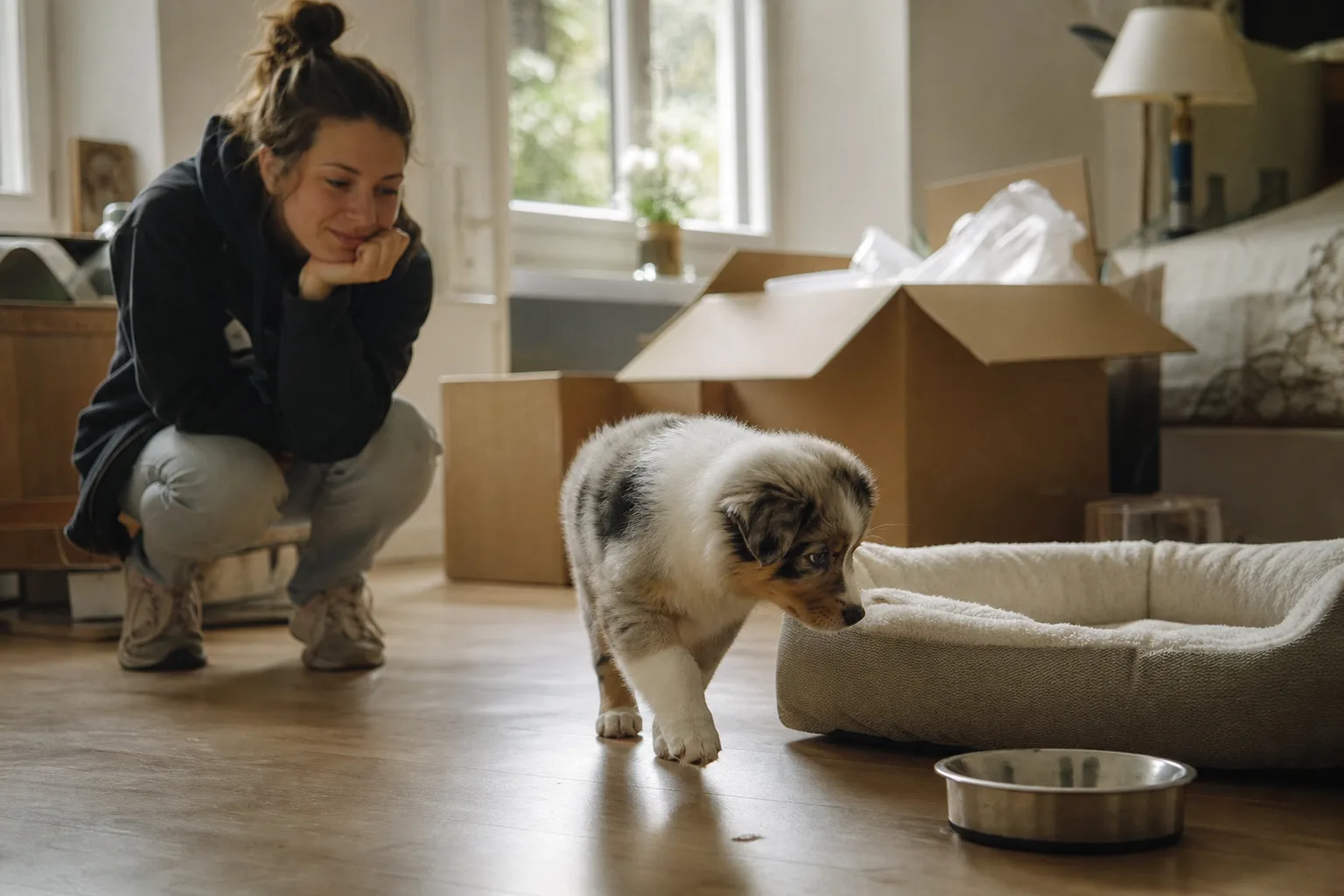 Un chiot de deux mois découvre sa nouvelle maison, un carton de déménagement en arrière-plan