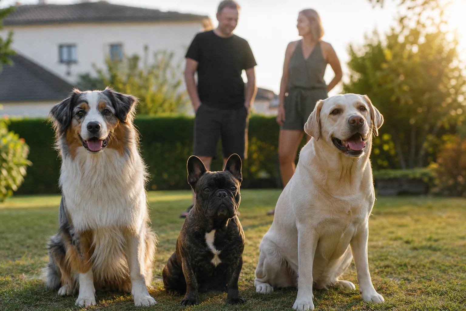 Trois chiots de races différentes assis côte à côte sur l’herbe d’un jardin