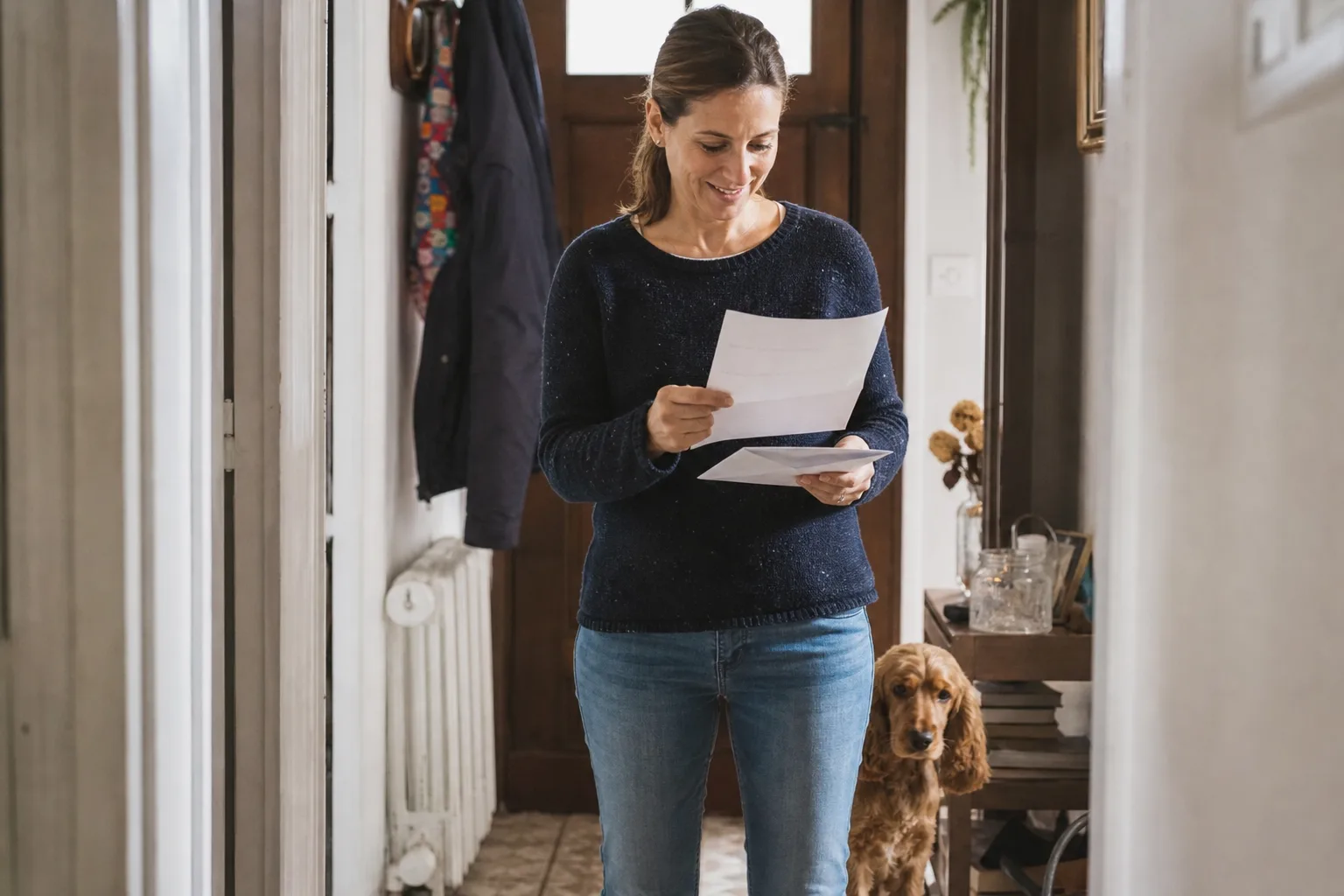 Une femme ouvre un courrier de remboursement d’assurance dans son entrée, son chiot à ses côtés