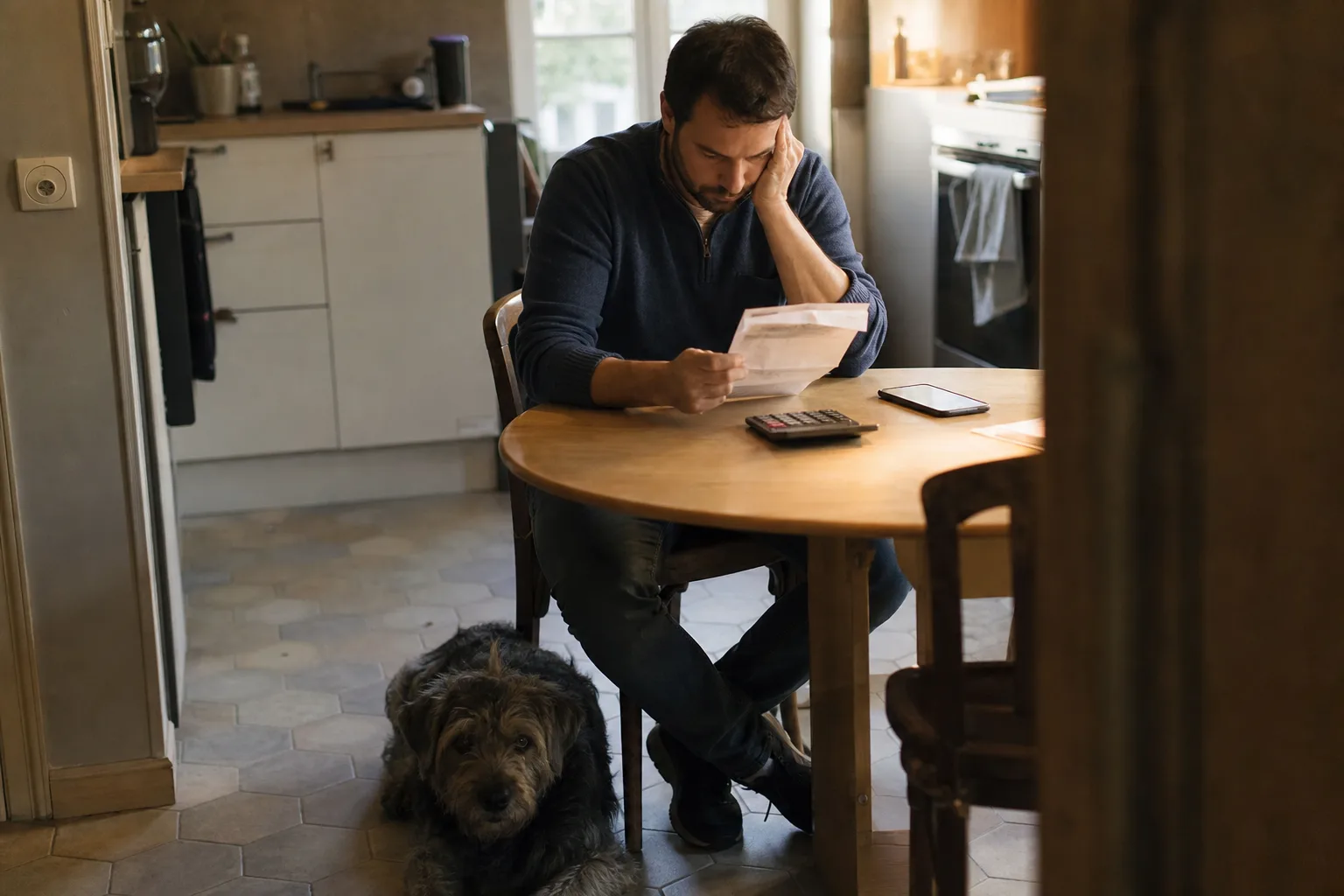 Une personne examine une facture vétérinaire posée sur une table de cuisine, un chiot à ses pieds