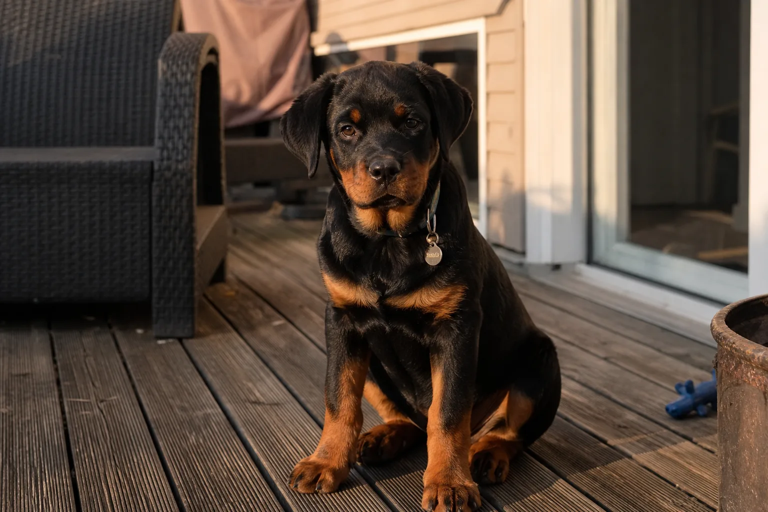 Un chiot rottweiler de quatre mois assis sur une terrasse à côté de son propriétaire