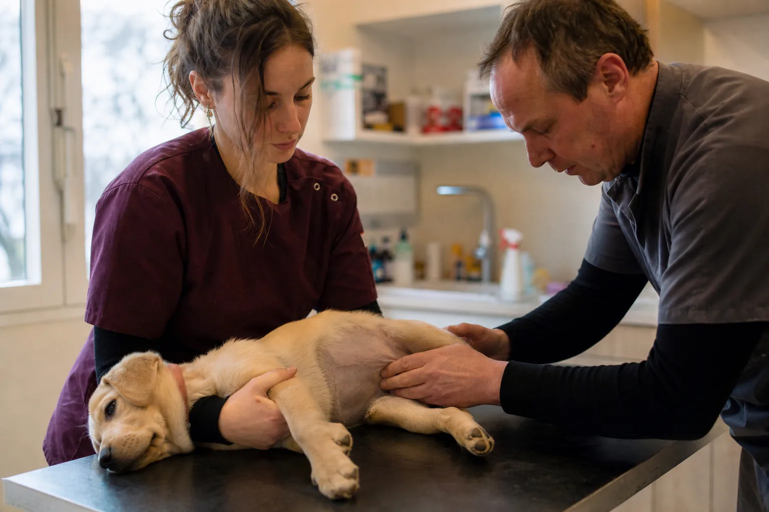 Un vétérinaire palpe l’abdomen d’un chiot labrador couché sur une table d’examen