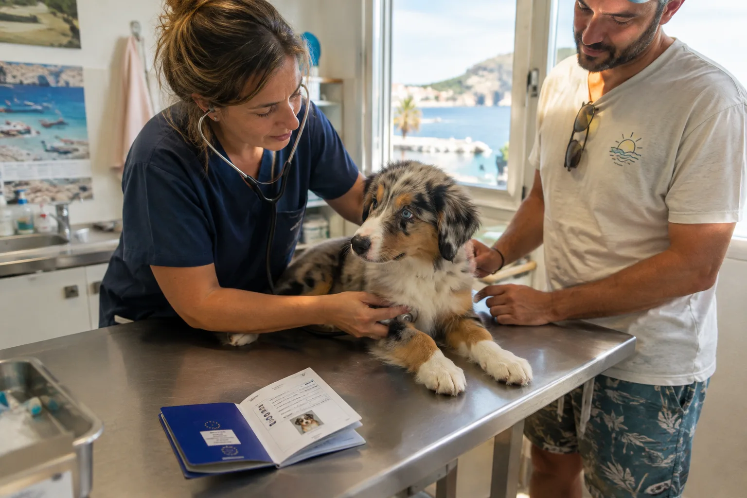 Un chiot berger australien examiné par une vétérinaire dans une petite clinique de bord de mer, le passeport européen ouvert sur la table