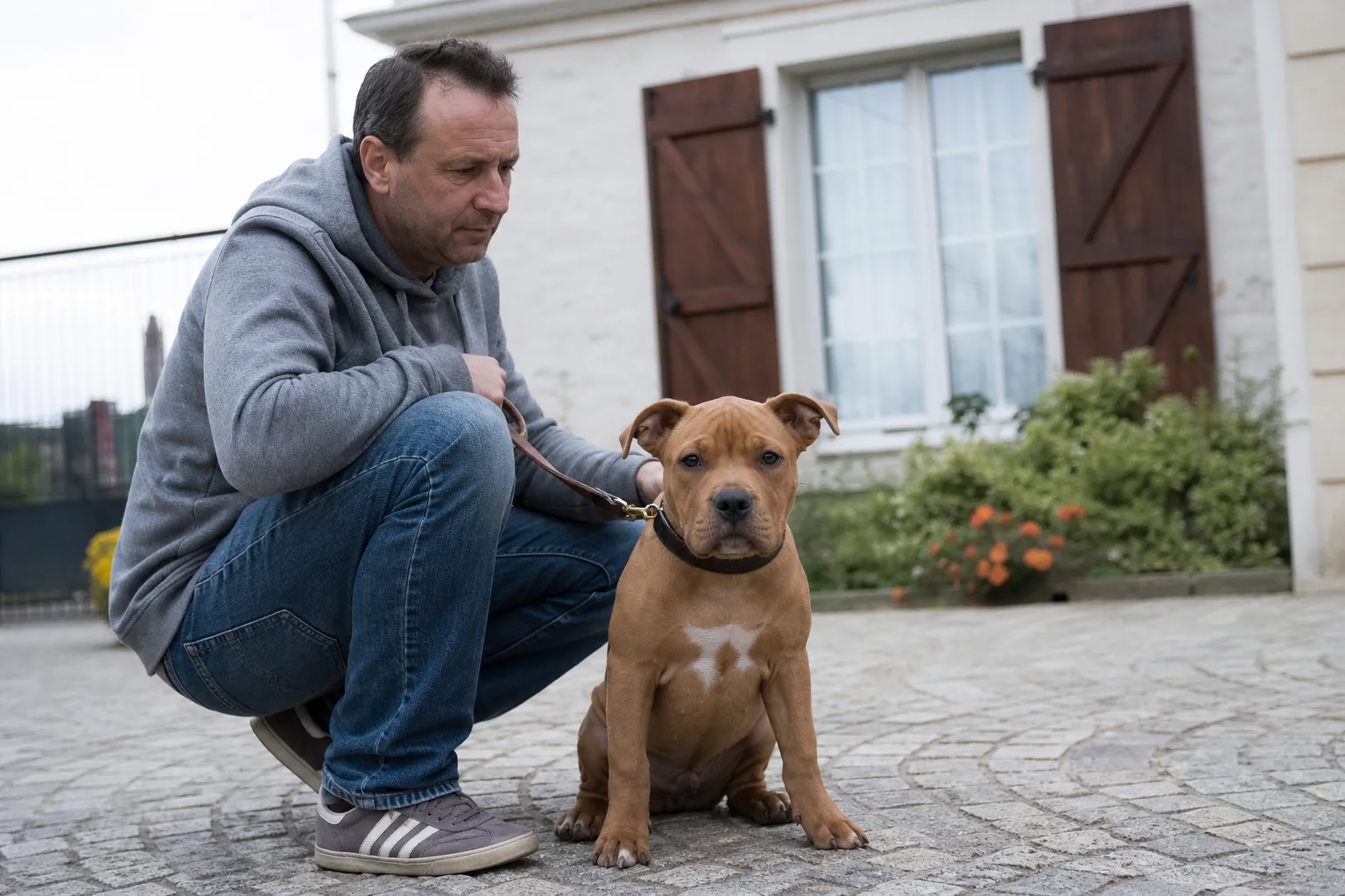 Un chiot staffordshire bull terrier bringé de quatre mois assis dans une cour pavée