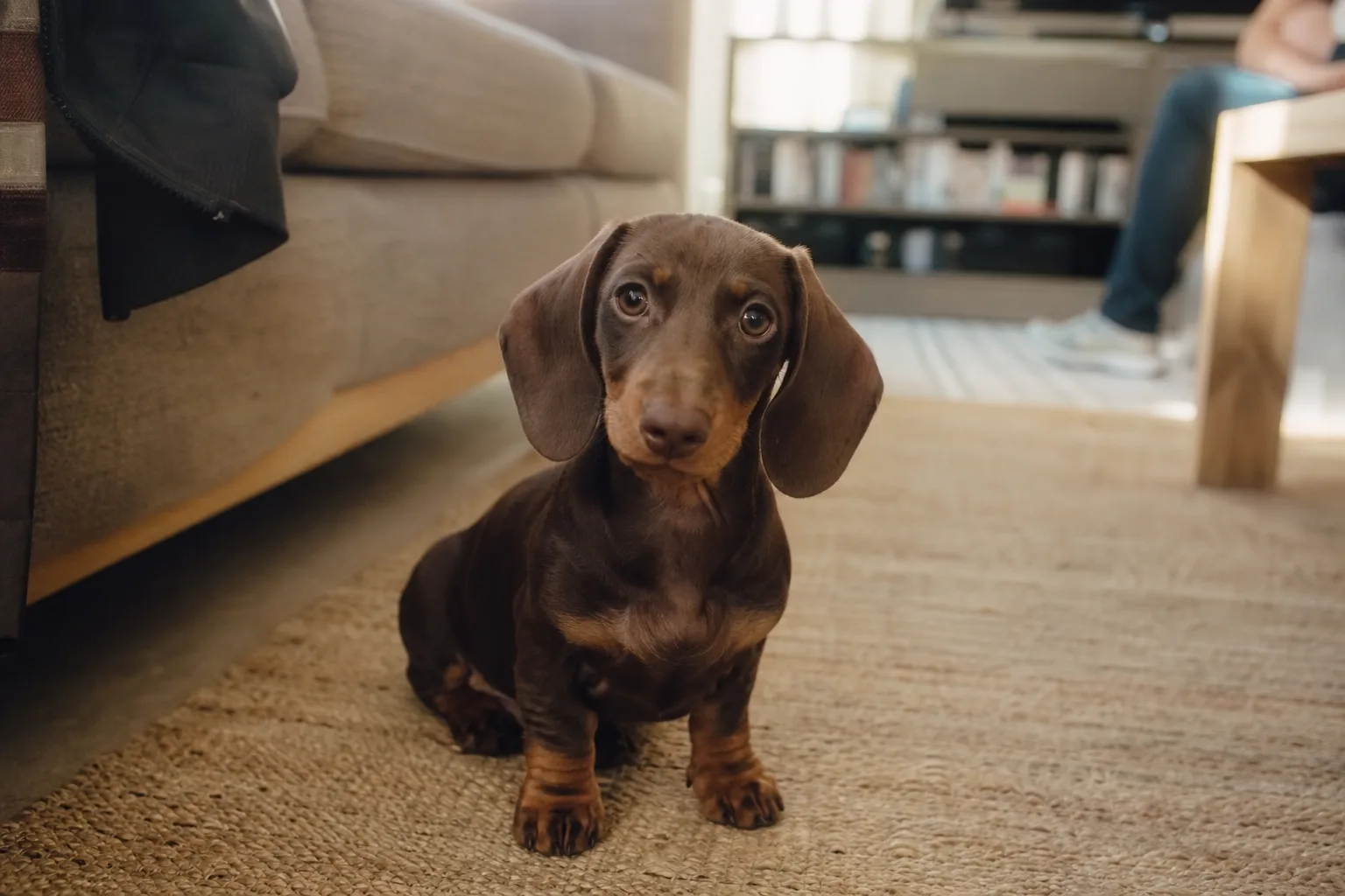 Un chiot teckel à poil ras de trois mois sur un canapé, dos long et pattes courtes