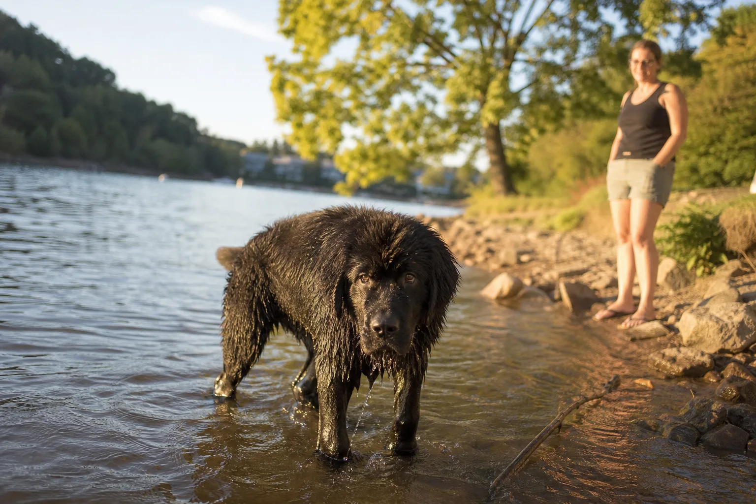 Un chiot terre-neuve noir de quatre mois au bord d’un lac, pelage épais et humide
