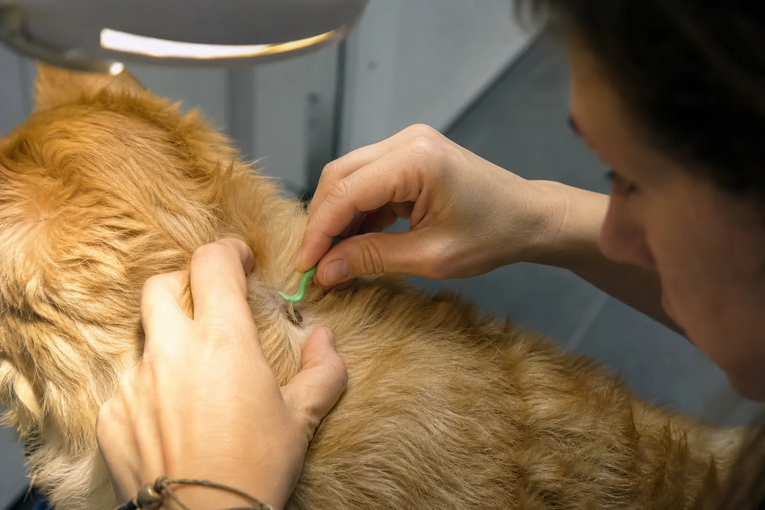 Les mains d’une vétérinaire retirent une tique du cou d’un chien avec un crochet