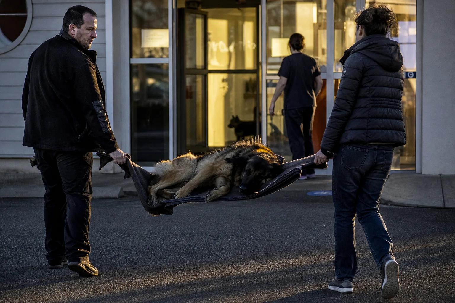 Un chien de grande race transporté en urgence vers l’entrée d’une clinique vétérinaire