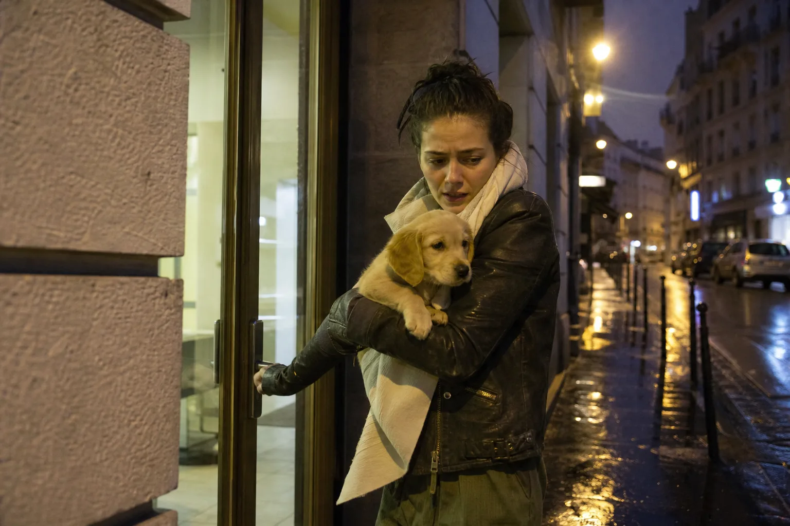 Une femme porte son chiot dans les bras en poussant la porte d’une clinique vétérinaire la nuit
